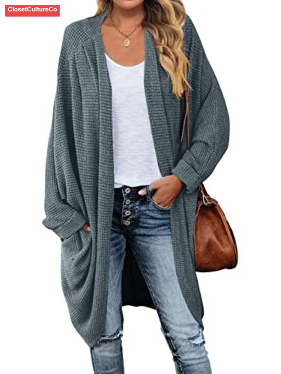 Sweaters - Oversized Waffle Knit Cardigan Dolman Sleeve Cocoon Sweater